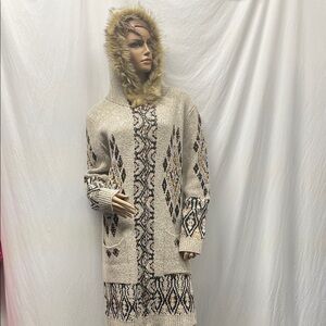 Northern Angel Southwest Design Hooded Cardigan Sweater w/Faux Fur Trim & Zipper